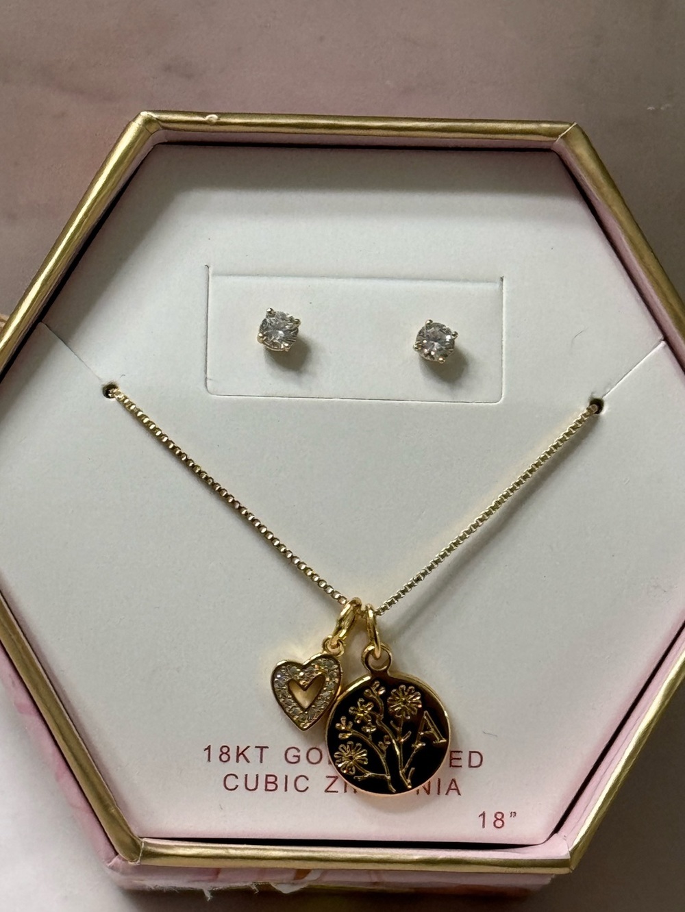 Necklace and matching earrings 18 karat gold plated, and cubic zirconia